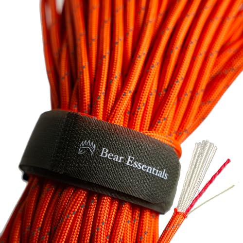 Bear Essentials 750LBS – Premium Reflective Survival Paracord – with Firecord & Kevlar Fishing/Snare Line Inside – High Tenacity Polyester Sheath – Reflective Orange – (100 FT Hank)