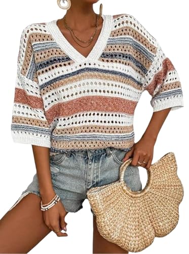 jonivey Womens 3/4 Sleeve V Neck Fall Casual Crochet Knit Sweater Hollow Out Striped Tops Vacation Outfits