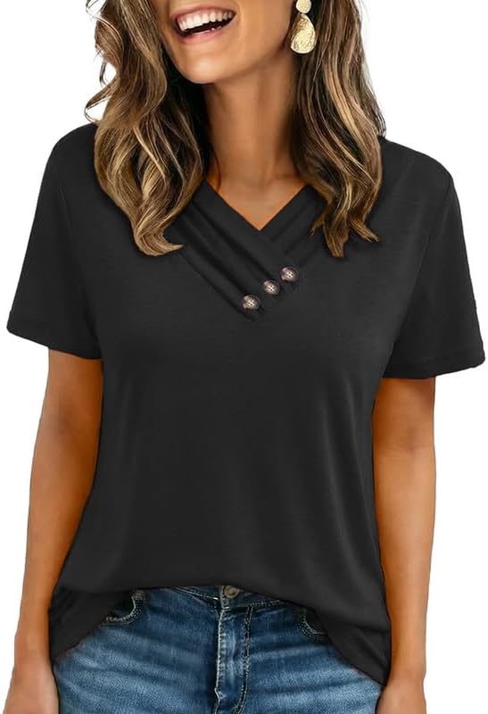 Short Sleeve Shirts for Women Spring Summer Outfits V Neck T Shirts Button Down Tunic Tops 2026 Dressy Casual Blouses