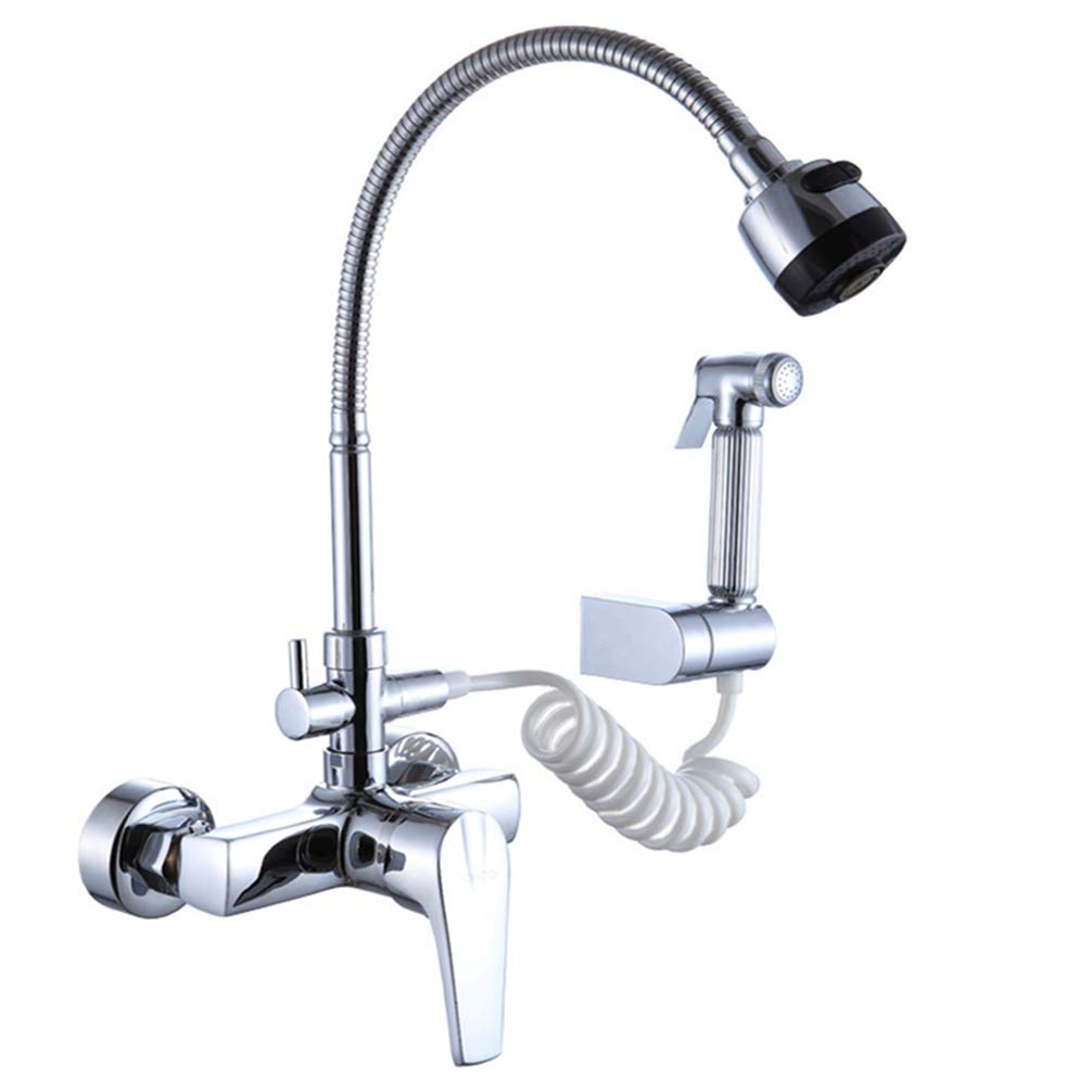 ZYCHSJXA Wall Faucet Kitchen Mixer Three Way Chrome Brass Tap Dual Sprayers Sink Tap,A