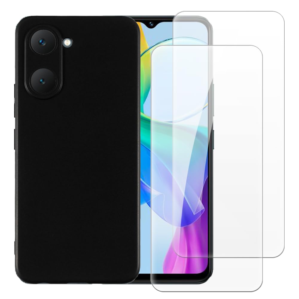 Case with 2 Pack Screen Protector Combo Compatible with Vivo iQOO Z9 Lite 5G, Shockproof Cover and Tempered Glass Set for Full Body Safety(Black)