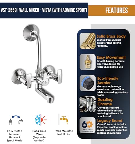 Image of Kamal Full Brass Wall Mixer - Vista Admire Spout with Wall Flange & Legs | Cold & Hot Shower Mixer Chrome Finish with 165mm Long Bend Pipe & Provision for Overhead Shower | Easy to Use Faucet