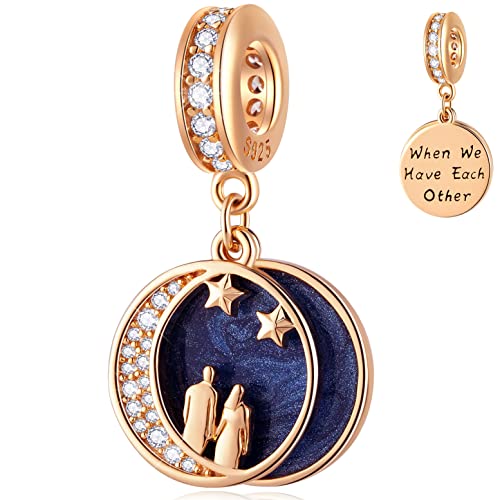 Rose Gold Couple Lover On Crescent Moon Pendant Charms, Fit Pandora Valentines Day Bracelet, 925 Sterling Silver Wife/Husband Under Starry Night Sky Beads, Gift For Wedding Anniversary #TOP10
