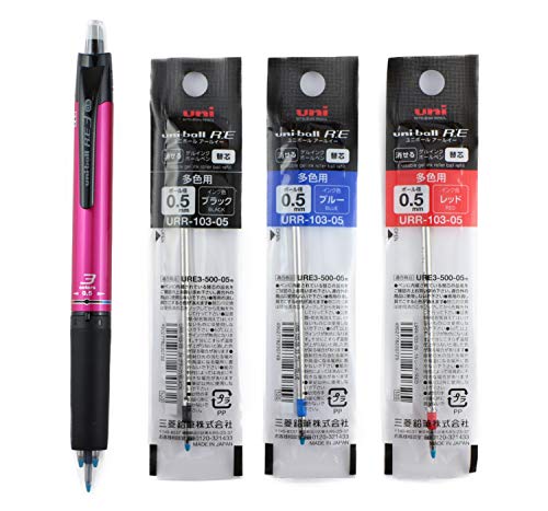 UNI uni-ball RE 0.5mm 3color Erasable Gel Ink Ball Pen PINK & Erasable gel ink roller ball refill(Black,Blue,Red) with MIYABI stationery store original gift package(URE3-500-05-13/URR-103-05)