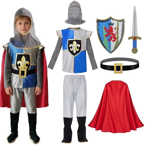 Erzekrim Mittelalter Ritter Kostüm Set für Kinder mit Umhang Ritterhelm Schwert und Schild Faschingskostüme für 7 bis 9 Jährige Karnevals und Cosplay Party Verkleidung (Größe L)