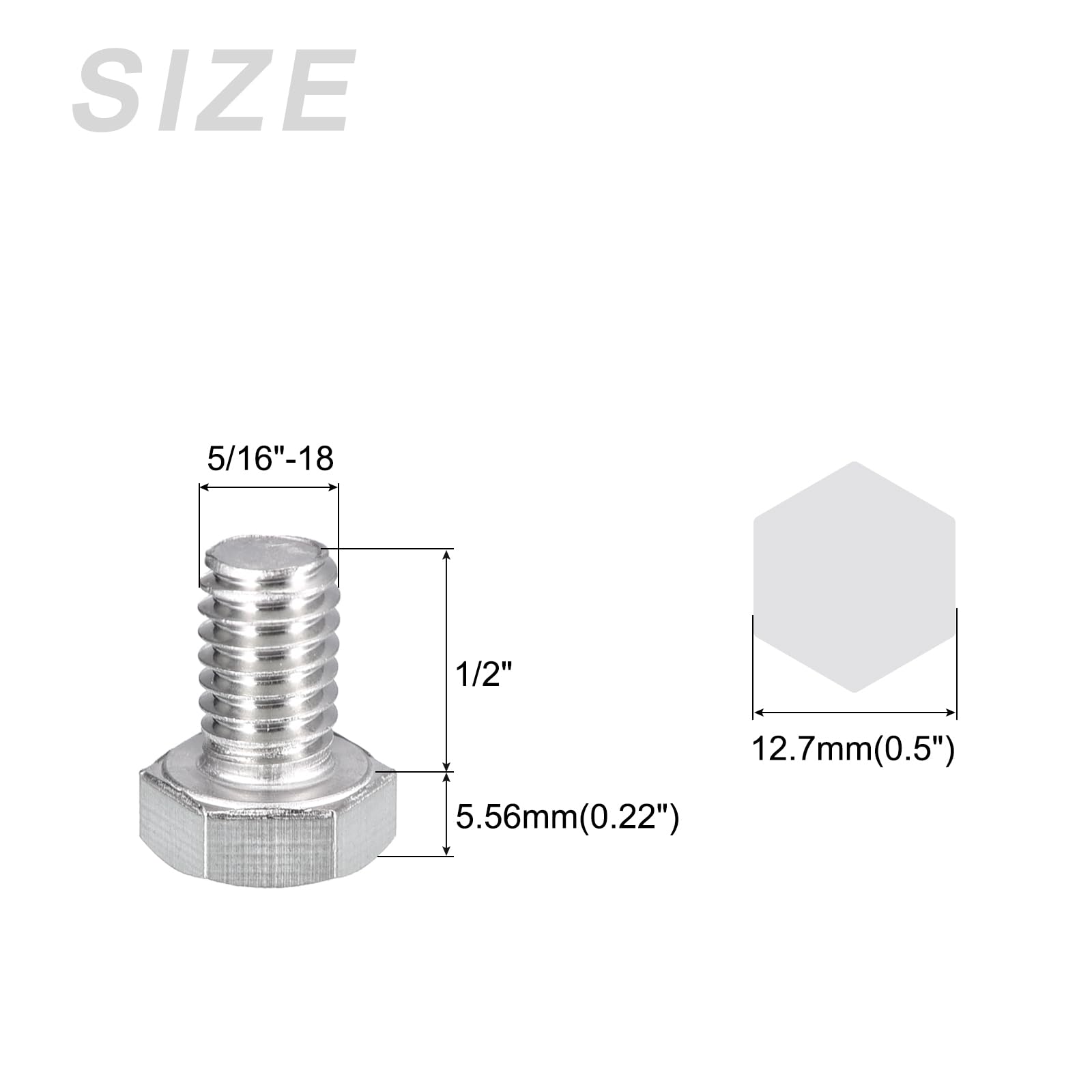 METALLIXITY Hex Head Bolts (5/16-18 x 1/2") 25Pcs, 304 Stainless Steel 18-8, Fully Threaded, External Hex Drive, Plain Finish - Image 2