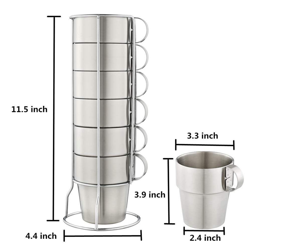 Agatige Set di 6 Tazze da Espresso con Supporto, Bicchieri in acciaio inox, 300 ml per caffè, tè, cacao, Tazza in metallo, doppia parete, set di 6