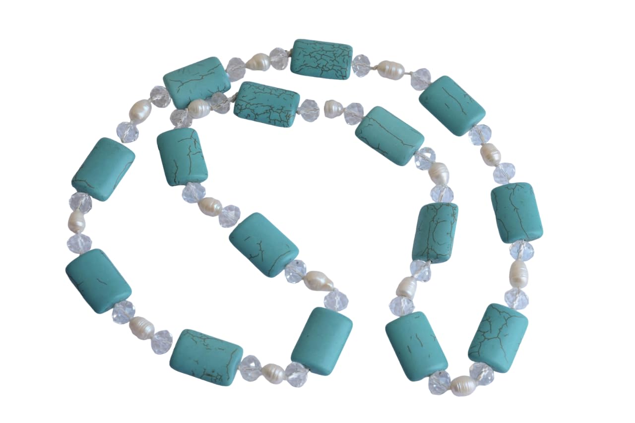 Collana in aulite turchese, perle, cristalli, collana italiana