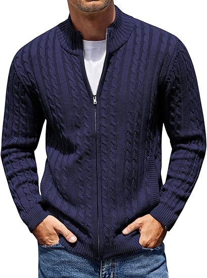 tysort Men's Cotton Full Sleeve High Neck Full Zipper Sweater for Men, Cable Knitted Cardigan for Men-picture-5