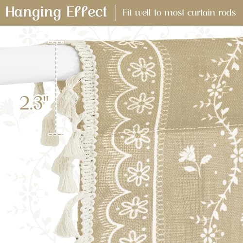Image of Yinhua Boho Kitchen Curtains 36 Inch Length Vintage Linen Cafe Curtains Light Filtering Bohemian Floral Tier Rod Pocket Farmhouse Rustic Tassel Small Drapes with Tiebacks, 2 Panels, Natural
