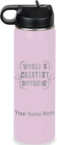 Miniatura 55 de LaserGram Botella de agua personalizada, World's Greatest Boyfriend, acero inoxidable de doble pared aislada al vacío con popote superior, regalo