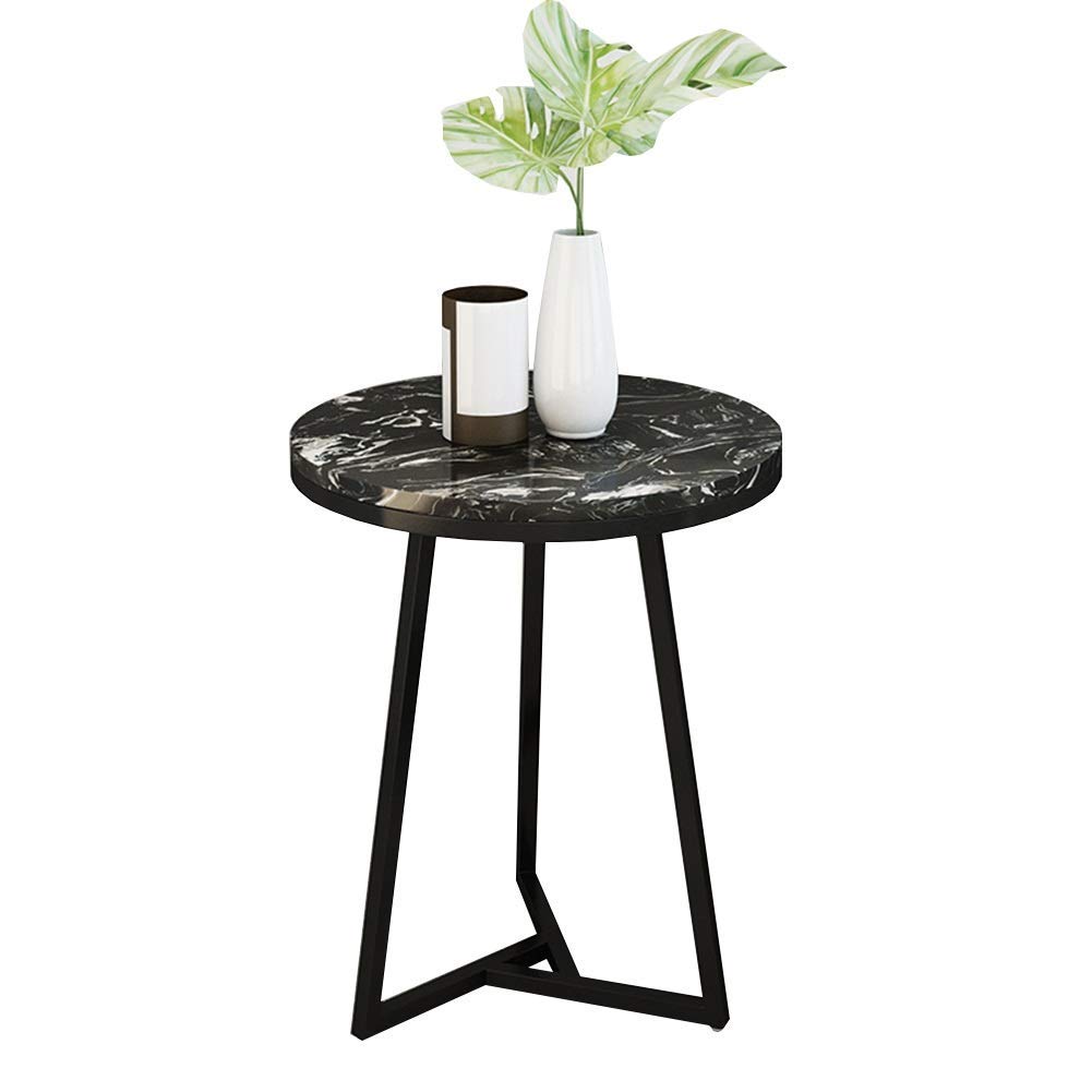 Table basse ronde en marbre avec plateau blanc de 50cm et pied de coin en fer noir