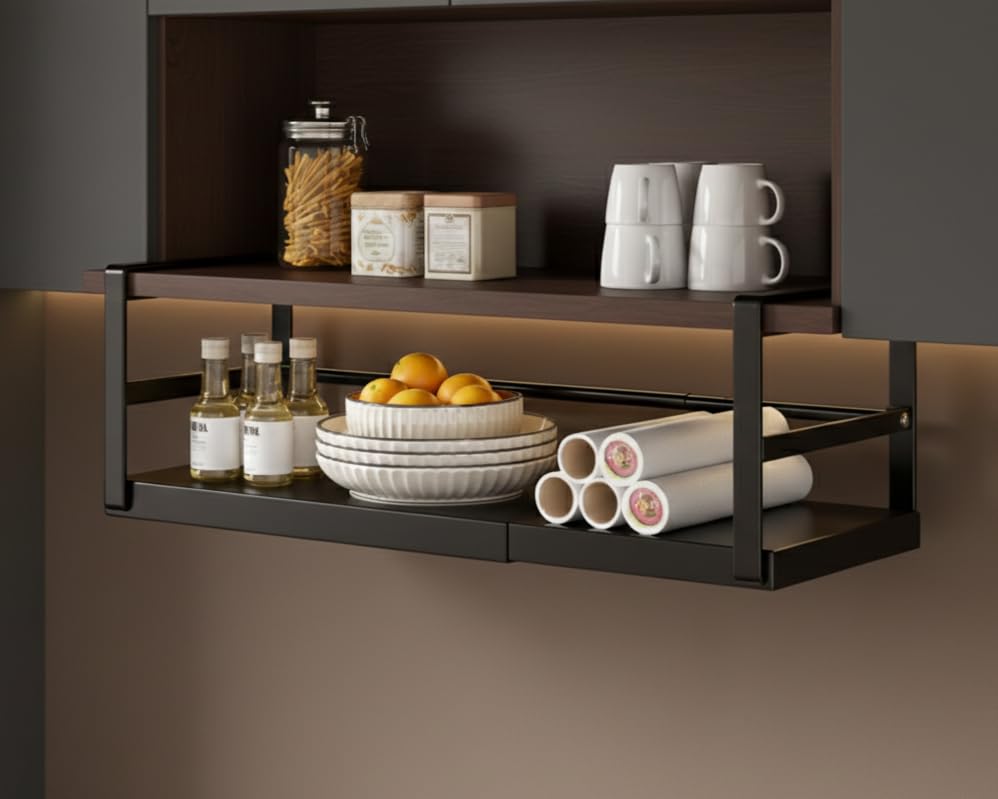 Casa Moderna Extendable Kitchen Shelf Organiser - Under Shelf Storage and Adjustable Cupboard Storage Rack - Strong Steel No Drilling Required (Black)