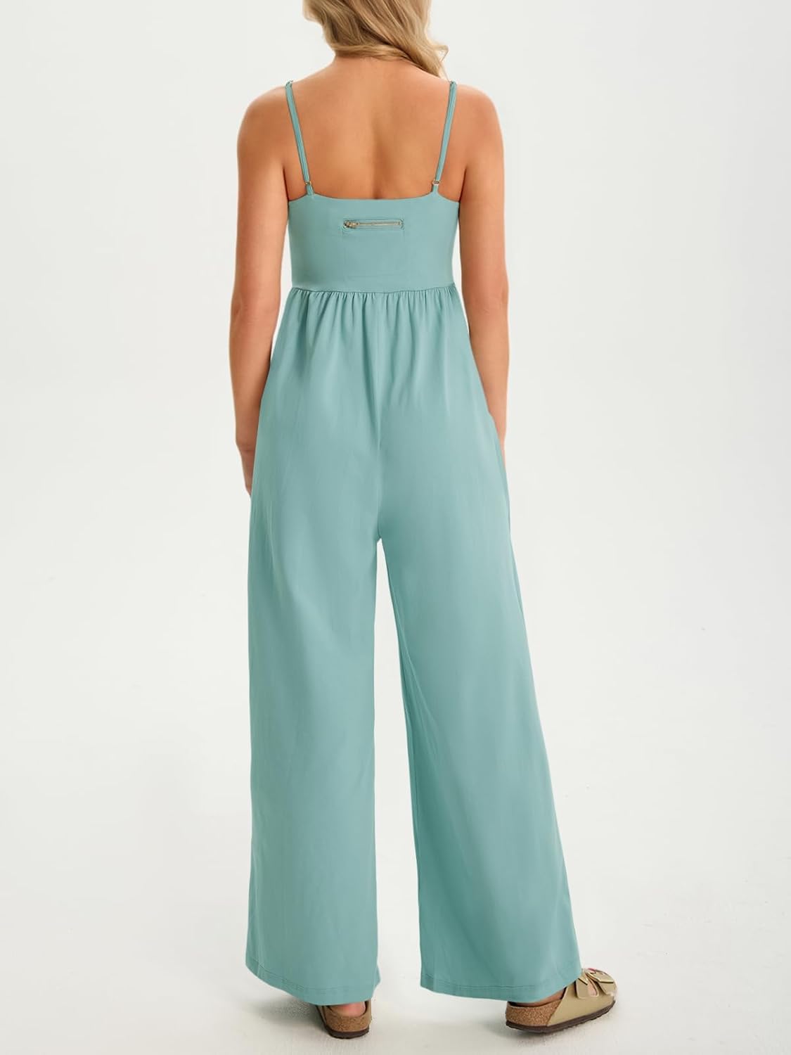 Fisoew Womens Summer Jumpsuits One Piece Casual Loose Overalls Spaghetti Strap Wide Leg Rompers with Pockets Workout Outfits - Image 4