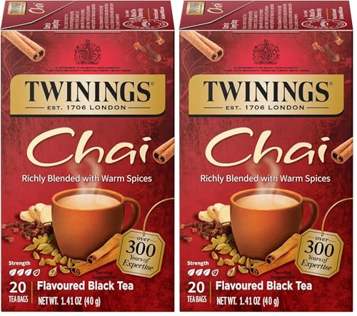 Image of Twinings Chai Black Tea Individually Wrapped Bags, 20 Count (Pack of 2), Sweet, Savoury Spices, Caffeinated, Enjoy Hot or Iced, 20 Teabags