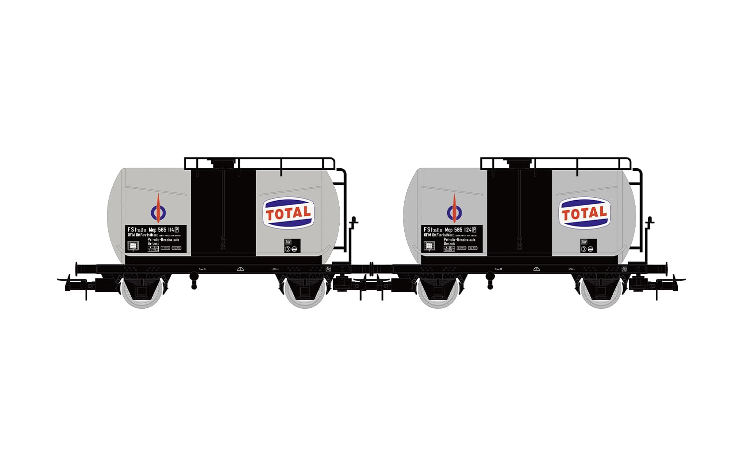 Rivarossi HR6565 FS, 2-unit pack 2-axle tank wagons "Total" silver, ep. III Railway 2x Wagons