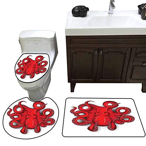 3 Piece Toilet Cover Set Octopus Decor Kraken Octopus with Shadow Tropical Seafood