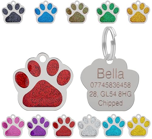 Personalised Engraved Pet Tag for Pets | Vibrant Paw Print Shape Glitter Stainless Steel ID Tags for Dog & Cat | Anti-Lost for Puppy Kitten Etc | 27mm Wide (Red)