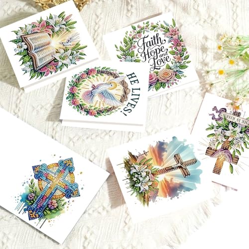 Image of AiYuanzsh 6 Pack Diamond Art Greeting Cards with Envelopes, Religious Diamond Painting Cards Kit, DIY 5D Diamond Art Cards Set, Cross Bible Dove Designs for Christmas, Birthday, Holiday