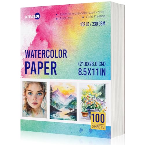 KOVIEDE 100 Sheets Watercolor Paper 8.5x11 Inch 102LB/230GSM Cold Press Practice Paper for Students and Beginners Acid-Free Heavyweight Art Sheets for Painting Printing Scanning & Crafting