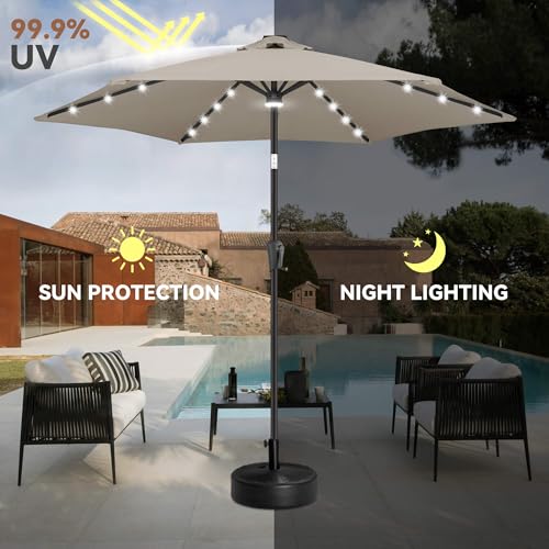 Image of 10ft Solar Patio Umbrella - Outdoor Umbrella with Centre Surround Light 24 LED Lights, Market Table Umbrella with Tilt for Pool, Porch, Garden, Deck, Backyard UV Protection (Taupe)
