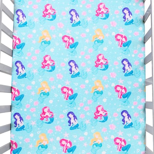 Image of JISEN Baby Crib Sheet 1 Piece Portable Fitted Crib Sheet for Standard Crib and Toddler Mattresses Nursery Bed Decor for Boys Girls 28x52 Inch Green Mermaids