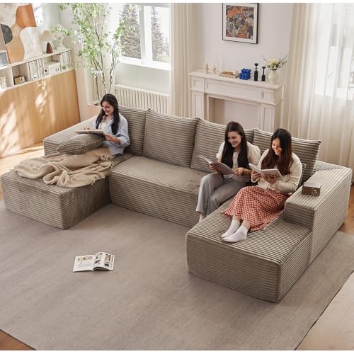 Image of Sectional Cloud Couch for Living Room, Stupendous U Shaped Sofas, Modular Floor Deep-Seat Sofa, Big Comfy Corduroy Couches Set with Fluffy Memory Foam, No Assembly Required, Camel
