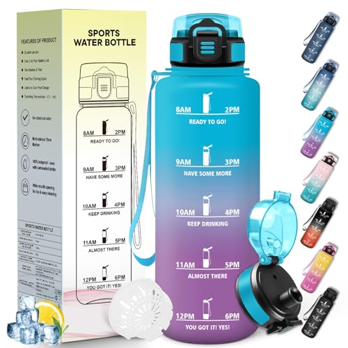 Mulbijeo Trinkflasche Sport Auslaufsicher 1500 ML Wasserflasche Zeitmarkierung und Motivierende Trinkflasche Kohlensäure Geeignet Blauer & Violetter Gradient
