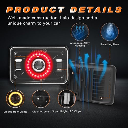 Image of 4x6 LED Headlights [DOT Approved] with Halo Red DRL Amber Turn Signal Light [High Low Sealed Beam] Compatible for Peterbilt 379 Kenworth T800 T600 Freightinger Ol-dsmobile Trucks
