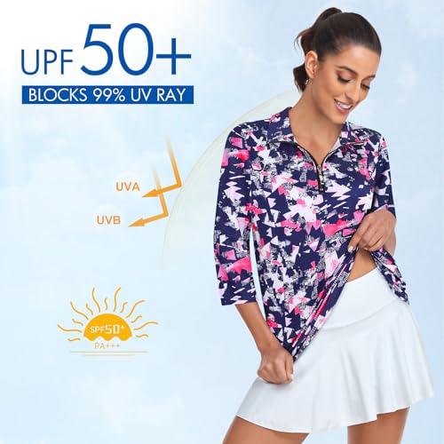 Tanst Sky Womens Golf Polo Shirts Zipper 3/4 Sleeve Moisture Wicking Tops UPF 50+ Workout Tennis Apparel4