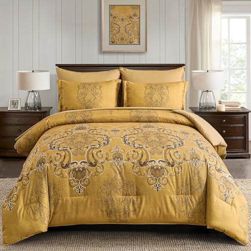 Mybedsoul Gold Queen Comforter Set, 7 Pieces Boho Bed in a Bag for Queen Bed, Damask Comforter with Sheets Pillowcases, Soft Microfiber Lightweight Bedding Sets for All Season(90