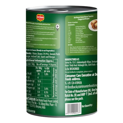 Image of Del Monte Baked Beans, 450g | Beans in Tomato Sauce | Tangy and Flavourful | Source of Protein | Low in Fat | For Soups and Salads | Packaged Vegetable (Pack of 3)