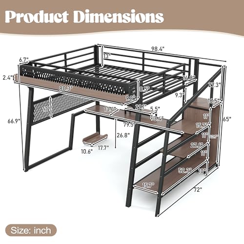 Image of Bellemave Queen Size Gaming Loft Bed with Desk and Wardrobe Storage Stairs,Shelves, LED USB, Loft Bed Queen Size for Teens Metal, Black