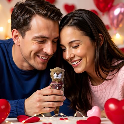 Image of Cute Crochet Otter Valentine's Day Gift - Handmade Love Otter Holding Heart - Romantic inchto My Otters Half inch Gift for Him or Her - Valentine Keepsake for Wife, Husband, Girlfriend or Boyfriend