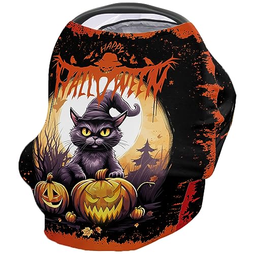 Nursing Cover for Breastfeeding Scarf, Halloween Pumpkin Black Cat Baby Car Covers Super Soft Multi Use for Canopy Shopping Cart Cover Blanket Stroller Cover
