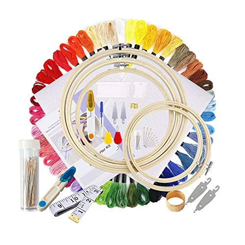 Evvier Products Embroidery Starter Kit  Embroidery Kit for Beginners Including 5 Pieces Bamboo Embroidery Hoops with 100 Colour Threads and Cross Stitch Tools
