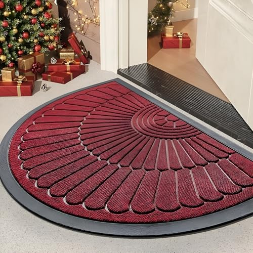 Image of Semi-Circle Durable Rubber Non Slip Front Door Mat for Outside Inside Entry Entryway | Dirt Trapper Welcome Mat for Muddy Paws and Shoes, Maroon, 45x75 cm