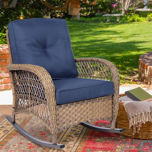MEETWARM Outdoor Wicker Rocking Chair, Rattan Patio Rocker Chairs with Cushions and High Back, All-Weather Patio Wicker Chair with Safe Rocking Design for Garden Backyard Porch, Brown/Navy Blue
