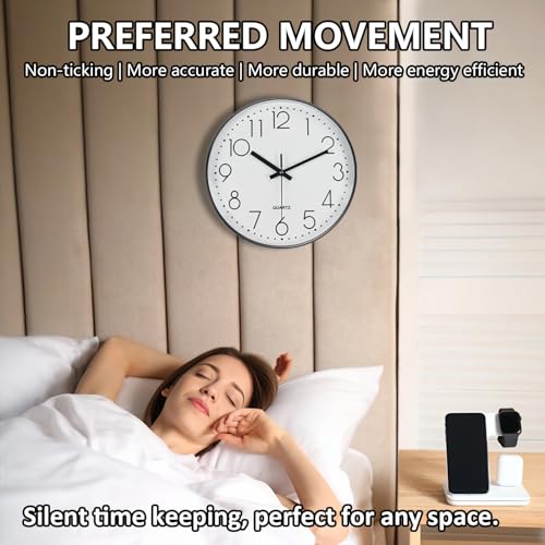 Image of Modern Silent Wall Clock - 12 Inch Wall Clocks Battery Operated Large Number, Non-Ticking Analog Clock with Tempered Glass Quartz Clocks for Living Room Bedroom Office Kitchen, White Black