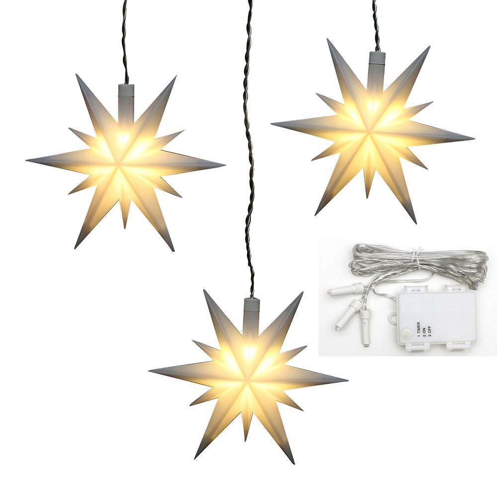 ***3er Set Weihnachtssterne aus Kunststoff in weiß, inkl. LED Beleuchtung und 6h Timer, für Batteriebetrieb, für Innen und Außen geeignet. Maße je Stern L/B/H: 13,5 x 5,5 x 12 cm.