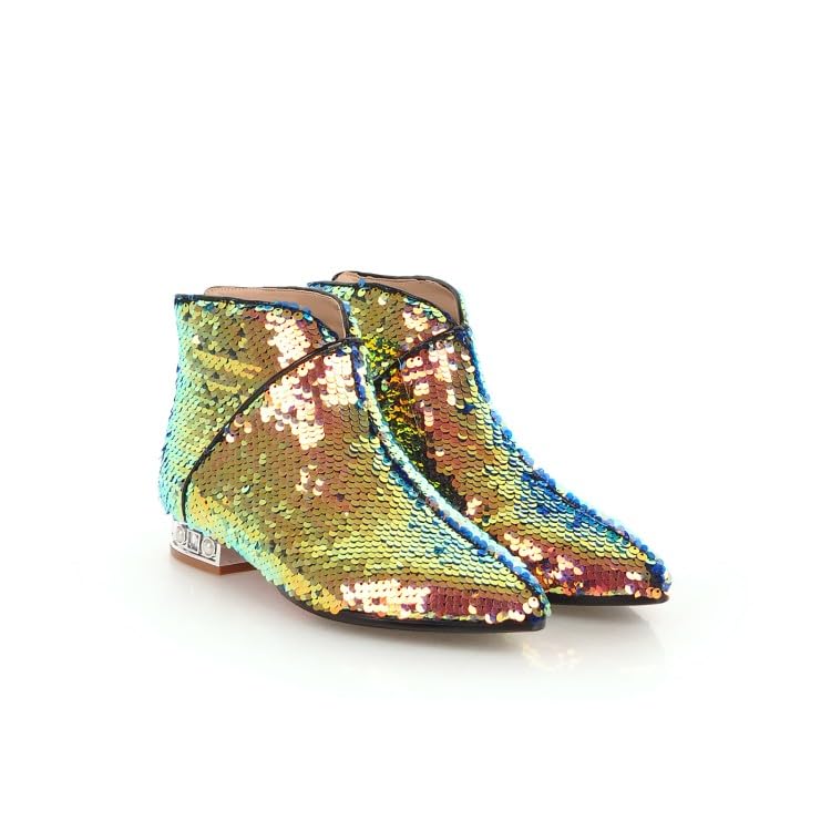 Womens Glitter Pointed Toe Block Heels Sequins Ankle Boots