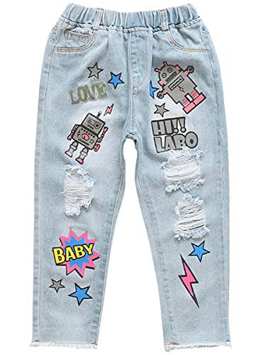 Big Girls Kids Child Distressed Ripped Hole Teens Jean Cartoon Robot Letter Print Denim Pants