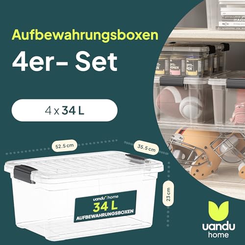 uandu Aufbewahrungsbox mit deckel groß, 4er Set BPA Frei Kunststoff, Aufbewahrungsboxen Stapelbar, Hundefutter trocken 15kg Aufbewahrung, Plastikbox, Storage Boxes - 34Lx4