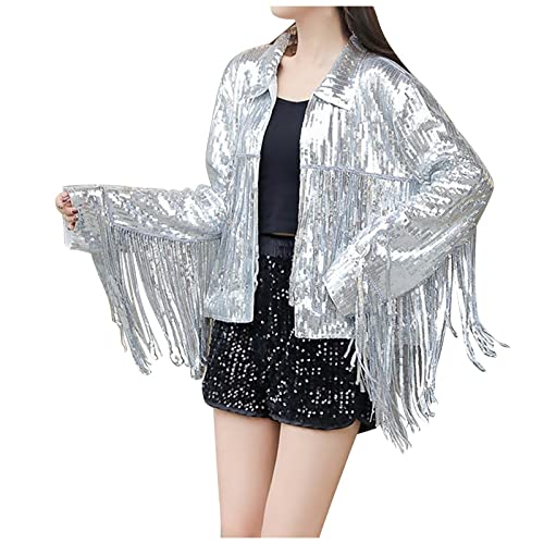 Beokeuioe Chaqueta brillante para mujer, chaqueta chispeante con lentejuelas, chaqueta de mujer con borlas, flecos, chaqueta de discoteca, chaqueta con borde de lentejuelas, abrigo Y2K 90S Streetwear