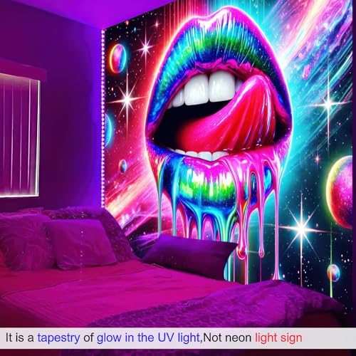 Image of BlissYard Blacklight Tapestry Neon Glow Posters 78x59 Inches Cosmic Rainbow Lips Wall Hanging, Fluorescent Art Decoration for Bedroom, Living Room, Parties