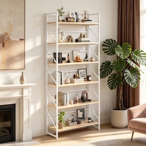 Image of JSB 6 Tier No Assembly Folding Bookshelf, 30.7 inch Wide Foldable Storage Bookcase for Home Office, Space-Saving Storage Shelf for Living Room (White)