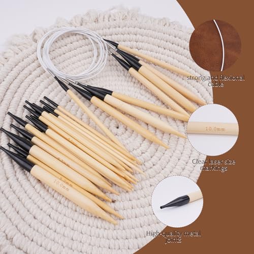 Image of 4.9inch Interchangeable Bamboo Circular Knitting Needles Set with Case | 12 Sizes 3.5-10mm /US 4-15, 12 Pairs, 4 Cables, Natural Bamboo Needles Kits for Knitting Projects - Beginners /Enthusiast, Gift