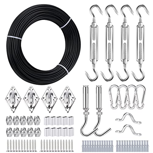 TooTaci Sonnensegel-Hardware-Kit mit 30.5 m schwarzem Nylon-beschichtetem Kabel, 3/32 Zoll Durchmesser 0.3 cm Edelstahl-Drahtseil, Sonnenschutz-Hardware-Kit, Hardware-Kit für Terrasse, Baldachin