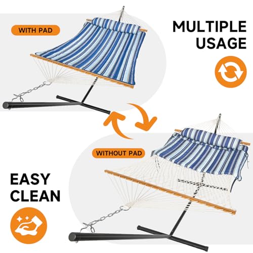 Image of Everyfun 2 Person Outdoor Hammock with Stand, Cotton Rope Hammock with Polyester Pad, Adjustable Steel Frame, Portable with Carrying Bag - for Patio, Backyard, Garden, Beach, Blue Stripe