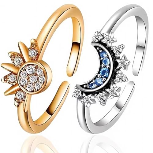 LuLiyLdJ Bague Femme, Bagues Motif Lune Soleil Scintillant Ajustable Plaqué Or Bague en Argent Promesse Couple Bague Anxiété Réglable Fidget Rings pour...